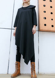 Classy Black Cotton Blend Clothes For Women Korea Runway O Neck Asymmetric Art Dress