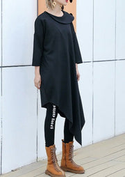 Edle schwarze Baumwollmischungskleidung für Frauen Korea Runway O-Ausschnitt asymmetrisches Kunstkleid