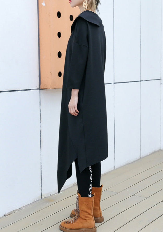 Edle schwarze Baumwollmischungskleidung für Frauen Korea Runway O-Ausschnitt asymmetrisches Kunstkleid