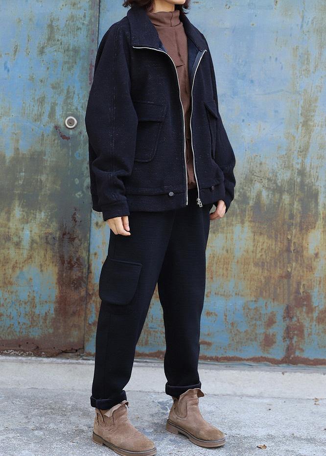 Classy black Fine maxi coat pattern zippered high neck coat - SooLinen