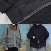 Classy black Fine maxi coat pattern zippered high neck coat - SooLinen
