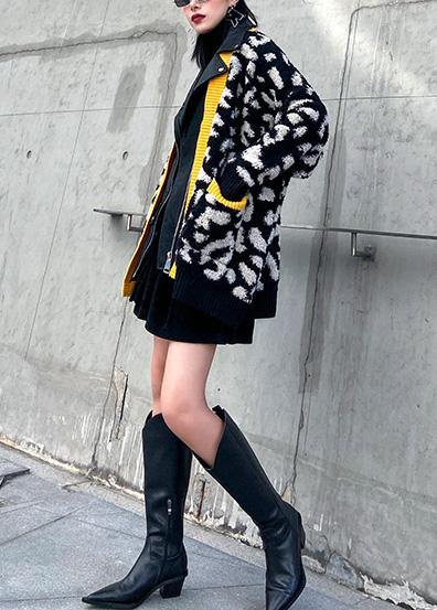 Classy black Fine tunics for women Fabrics zippered patchwork outwears - SooLinen
