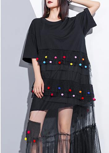 Classy black cotton clothes For Women o neck patchwork tulle Art summer Dresses - SooLinen