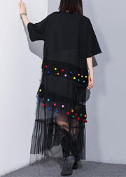 Classy black cotton clothes For Women o neck patchwork tulle Art summer Dresses - SooLinen