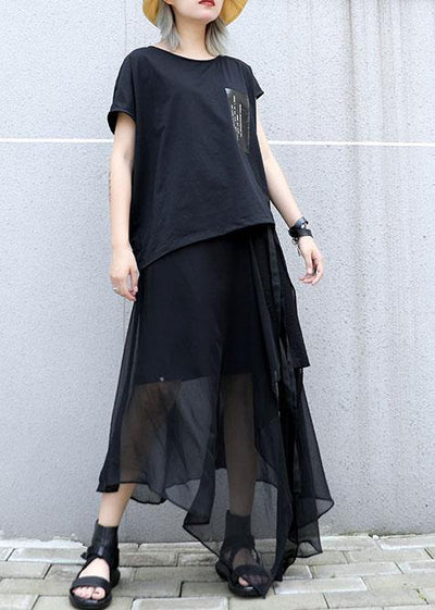 Classy black cotton clothes asymmetric short sleeve tunic summer blouses - SooLinen