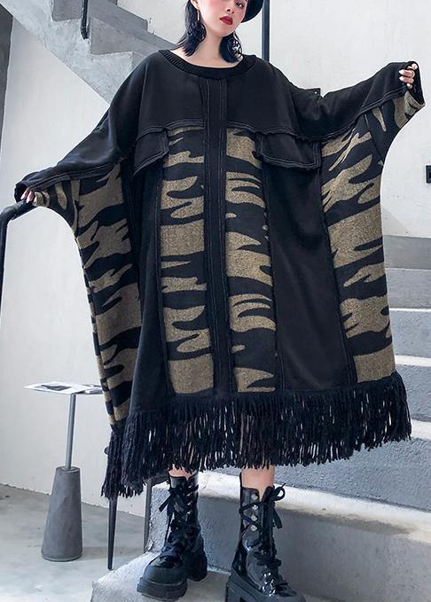 Classy black cotton dress patchwork tassel Dress - SooLinen