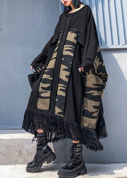 Classy black cotton dress patchwork tassel Dress - SooLinen