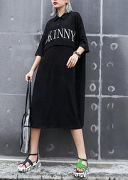 Classy black cotton outfit lapel back side open cotton robes summer Dress - SooLinen