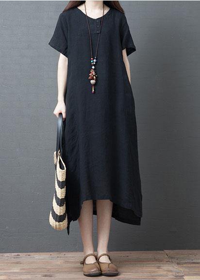 Classy black cotton quilting dresses o neck side open Plus Size summer Dress - SooLinen