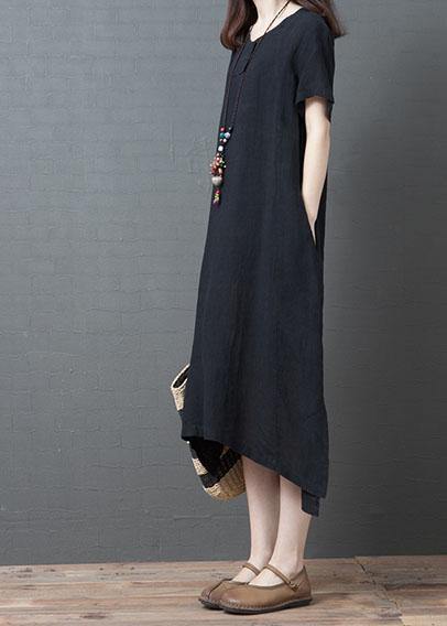 Classy black cotton quilting dresses o neck side open Plus Size summer Dress - SooLinen
