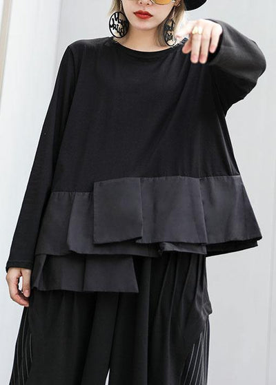 Classy black cotton shirts patchwork box fall shirts - SooLinen