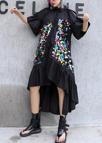 Classy black cotton tunic top lapel patchwork Kaftan summer Dresses - SooLinen