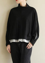 Classy black cotton tunic top open long sleeve Knee half high neck tops - SooLinen