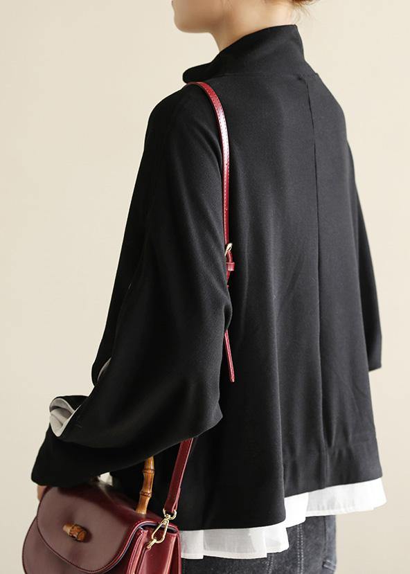 Classy black cotton tunic top open long sleeve Knee half high neck tops - SooLinen