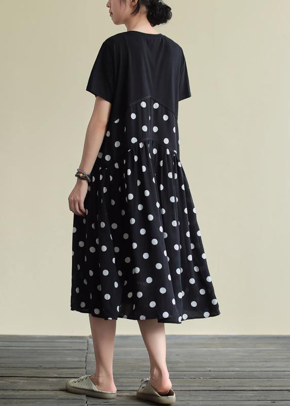 Classy black dotted Cotton clothes o neck patchwork A Line Dress - SooLinen