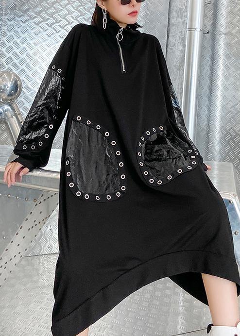 Classy black dresses stand collar patchwork Traveling fall Dress - SooLinen
