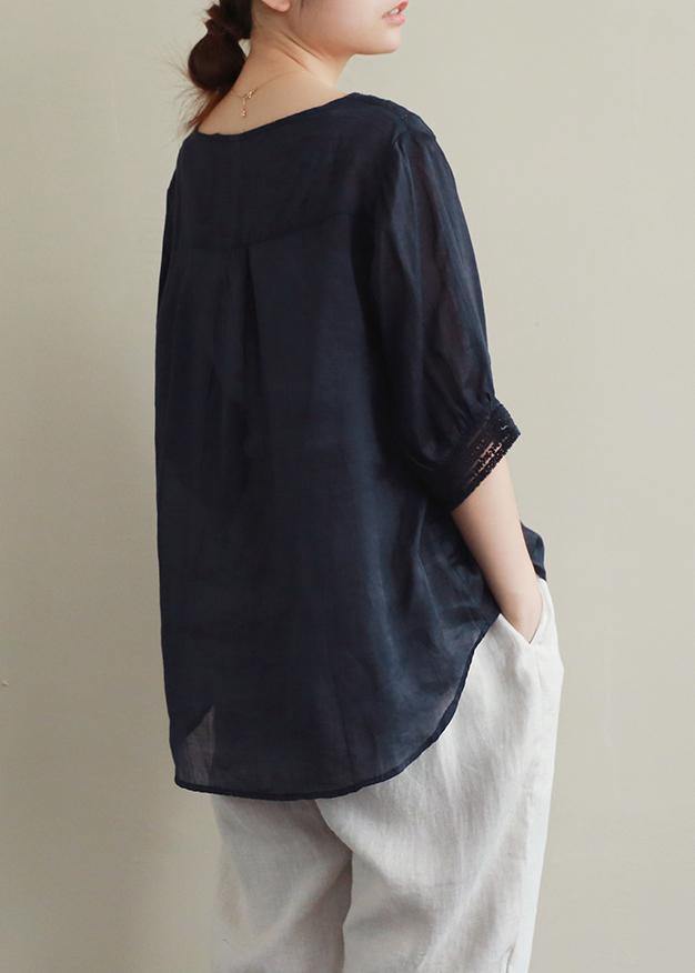 Classy black hollow out linen clothes v neck half sleeve Midi blouses - SooLinen