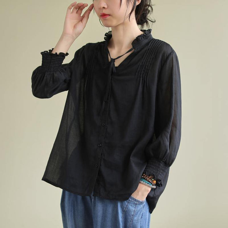 Classy black linen Blouse stand collar utton Down daily blouses - SooLinen
