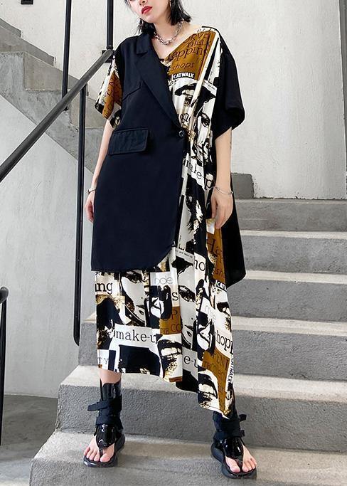 Classy black patchwork floral Cotton quilting dresses asymmetric short Dresses - SooLinen