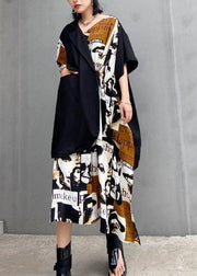 Classy black patchwork floral Cotton quilting dresses asymmetric short Dresses - SooLinen