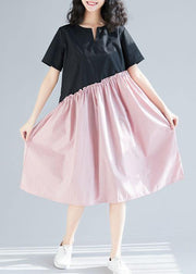 Classy black patchwork pink cotton tunic dress v neck long summer Dress - SooLinen