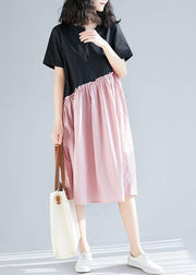 Classy black patchwork pink cotton tunic dress v neck long summer Dress - SooLinen