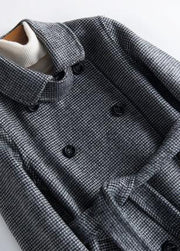 Classy black plaid fine Long Woolen CoatsPhotography Notched tie waist fall Woolen Coats - SooLinen
