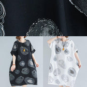 Classy black print Cotton clothes o neck baggy Knee summer Dresses - SooLinen