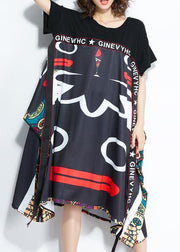 Classy black print clothes Drops Design patchwork asymmetric robes Summer Dress