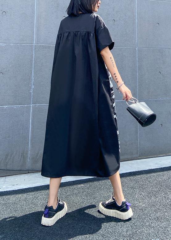 Classy black print clothes For Women o neck asymmetric Robe summer Dress - SooLinen