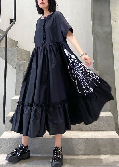 Classy black print cotton clothes o neck Cinched cotton robes summer Dresses - SooLinen