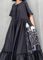 Classy black print cotton clothes o neck Cinched cotton robes summer Dresses - SooLinen