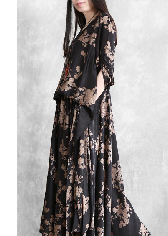 Classy black print dress o neck false two pieces Maxi Dress - SooLinen