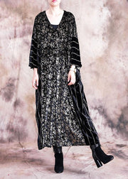 Classy black print quilting clothes o neck patchwork Robe fall Dress - SooLinen