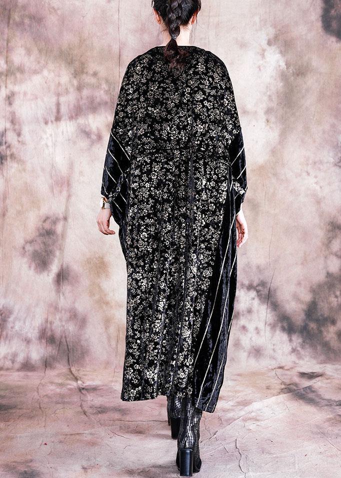 Classy black print quilting clothes o neck patchwork Robe fall Dress - SooLinen