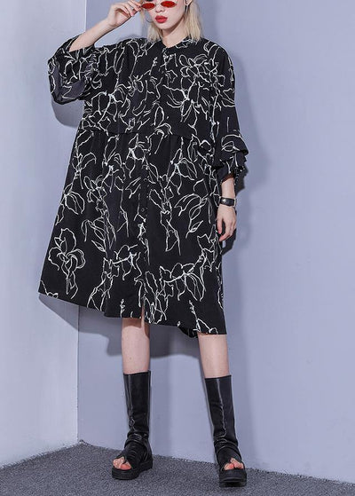 Classy black print silk Cotton dresses Tunic Tops Square Collar European Art Summer Dress - SooLinen