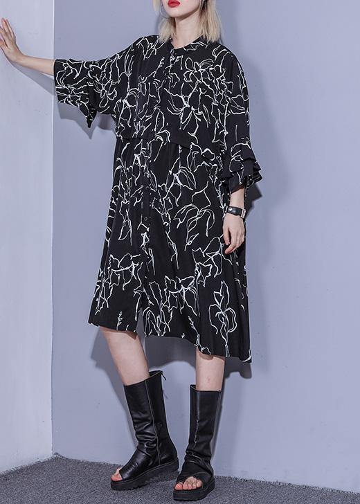 Classy black print silk Cotton dresses Tunic Tops Square Collar European Art Summer Dress - SooLinen