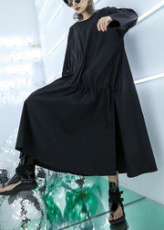 Classy black prints cotton blouses for women drawstring Dresses fall top - SooLinen