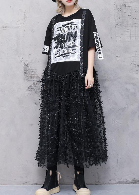 Classy black prints cotton dresses patchwork tulle Art summer Dress - SooLinen
