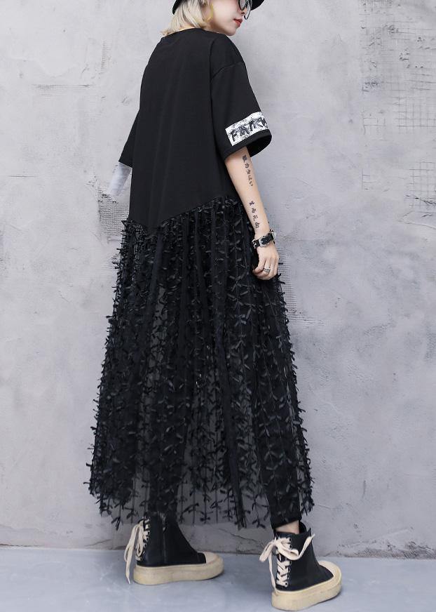 Classy black prints cotton dresses patchwork tulle Art summer Dress - SooLinen