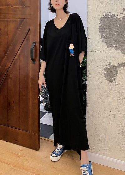 Classy black side open cotton dresses v neck Maxi summer Dresses - SooLinen
