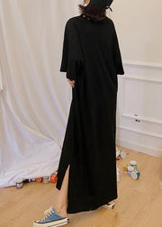 Classy black side open cotton dresses v neck Maxi summer Dresses - SooLinen