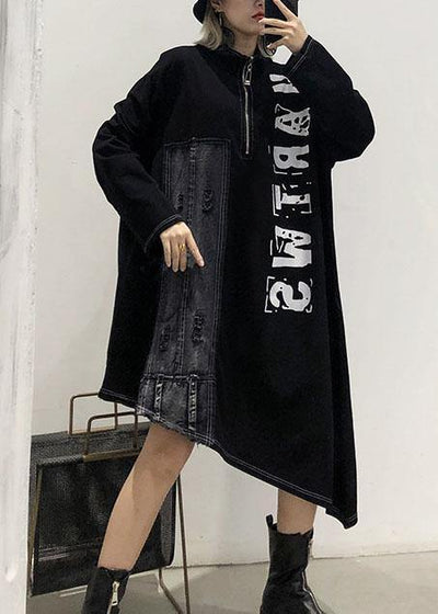 Classy black stand collar zippered cotton dress asymmetric Maxi fall Dresses - SooLinen