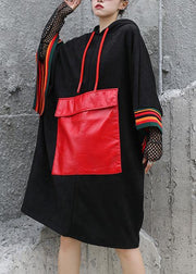 Classy black top hooded Large pockets short fall blouse - SooLinen