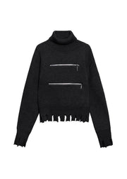 Classy black zippered hole Turtle Neck Knit Sweaters Spring