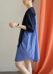 Classy blue Cotton Long Shirts patchwork Plus Size fall Dresses - SooLinen
