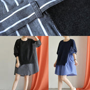 Classy blue Cotton Long Shirts patchwork Plus Size fall Dresses - SooLinen