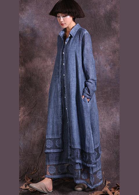 Classy blue lapel collar linen cotton Long Shirts lace hem cotton robes summer cardigan - SooLinen
