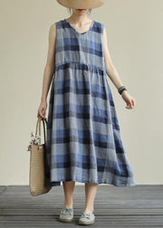 Classy blue plaid cotton clothes o neck pockets Art Dresses - SooLinen