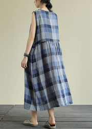 Classy blue plaid cotton clothes o neck pockets Art Dresses - SooLinen